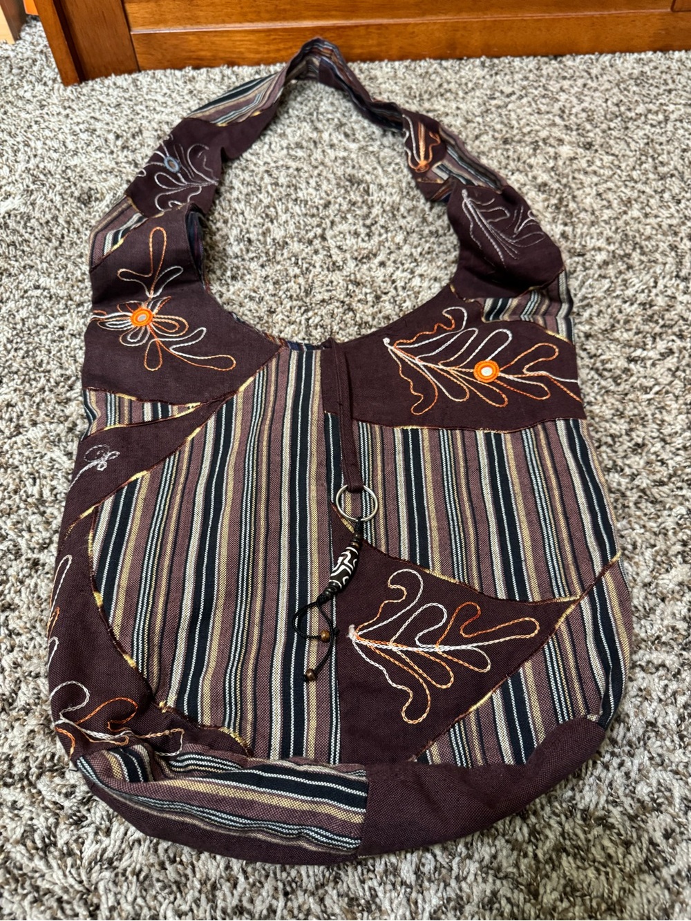 Rising International Brown Striped Embroidered Hobo Crossbody Bag